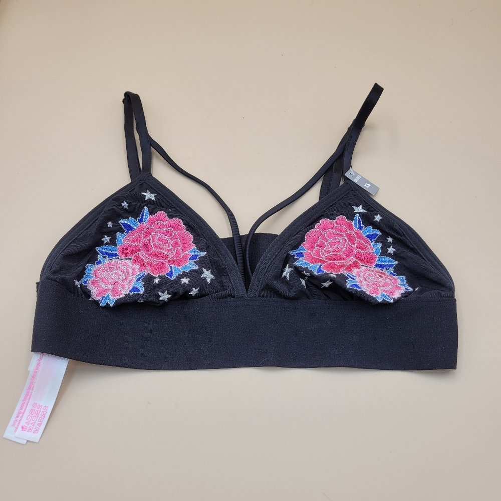 Victoria's Secret Black Bralette with Pink Floral‎ Embroidery